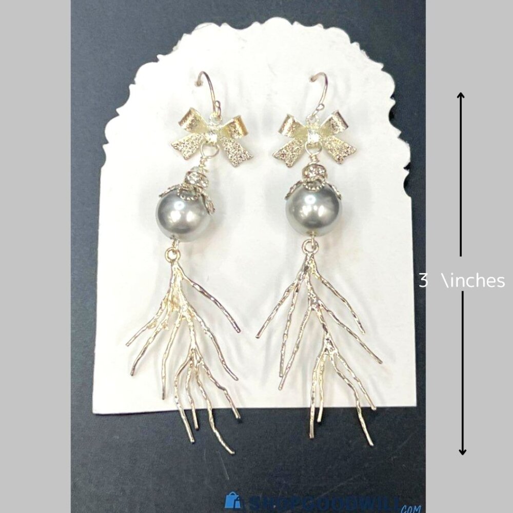 Silver Tone Dangling Pearl  and Bow Earrings